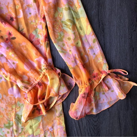 Wild Fable Sheer Orange Floral Duster Size Medium Retro 60s 70s Kimono Cover Up - Picture 4 of 7